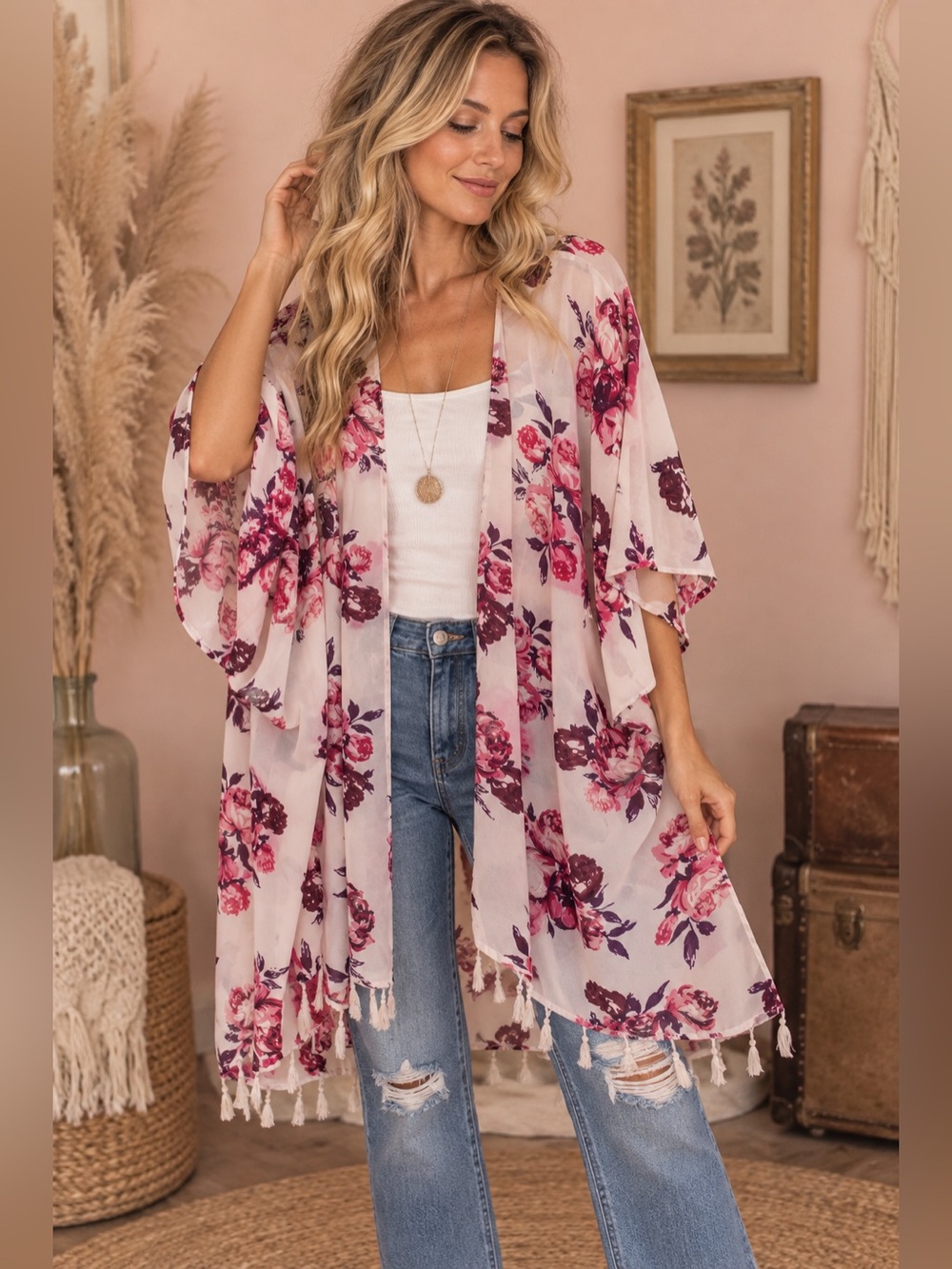 Live 4 Truth Floral Tassel Kimono - Pink & White